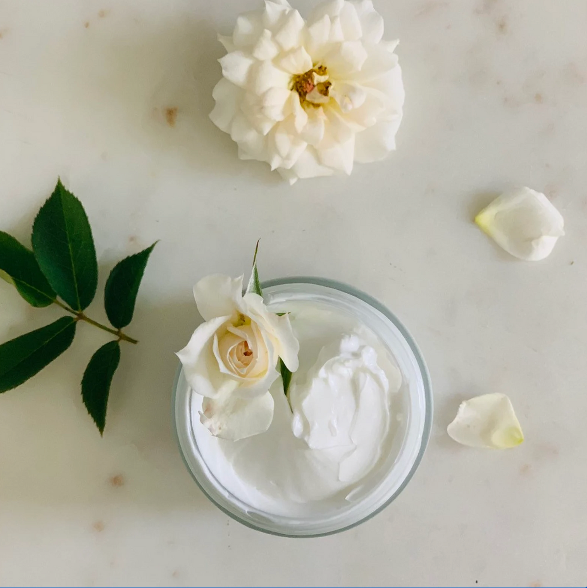 Natural Body Butter Cream Moisturizer with rose essential oil with rose petals pictured together