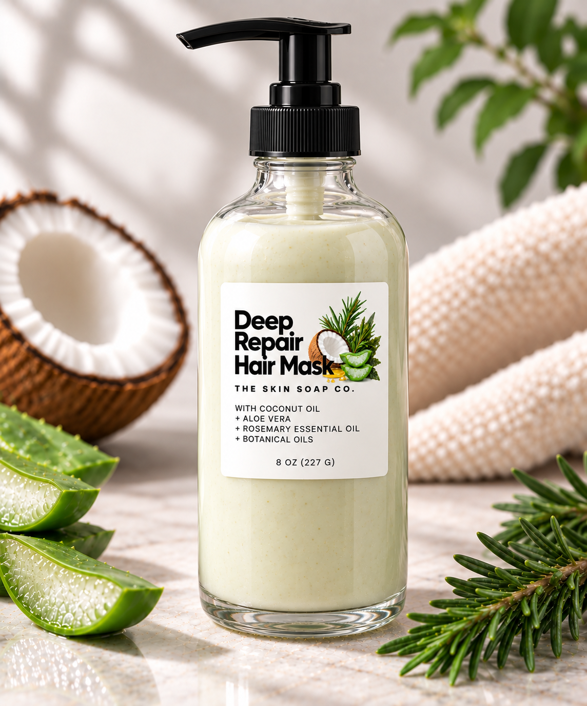 A bottle of Deep Repair Hair Mask by The Skin Soap Co. with coconut oil, aloe vera, rosemary, and botanical oils, styled with aloe slices, a coconut half, and pine needles on a marble surface.