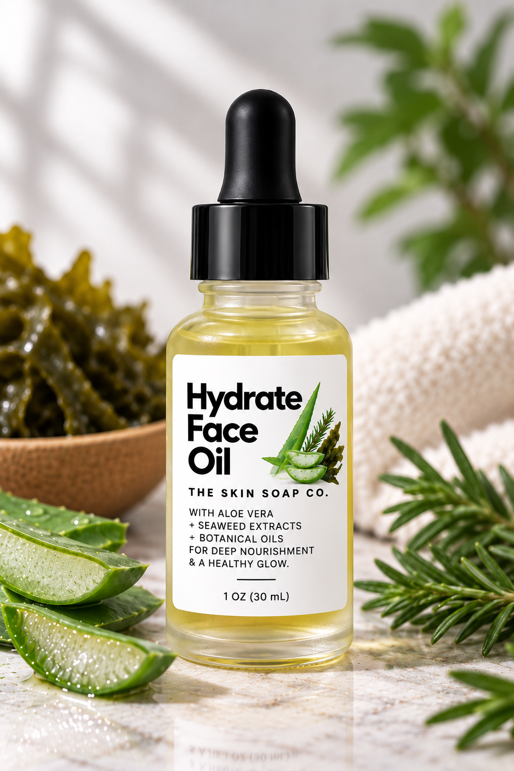 A 1 oz bottle of The Skin Soap Co. Hydrate Face Oil with a black dropper cap, set on a marble surface with aloe vera slices, green leaves, and a white towel in the background.