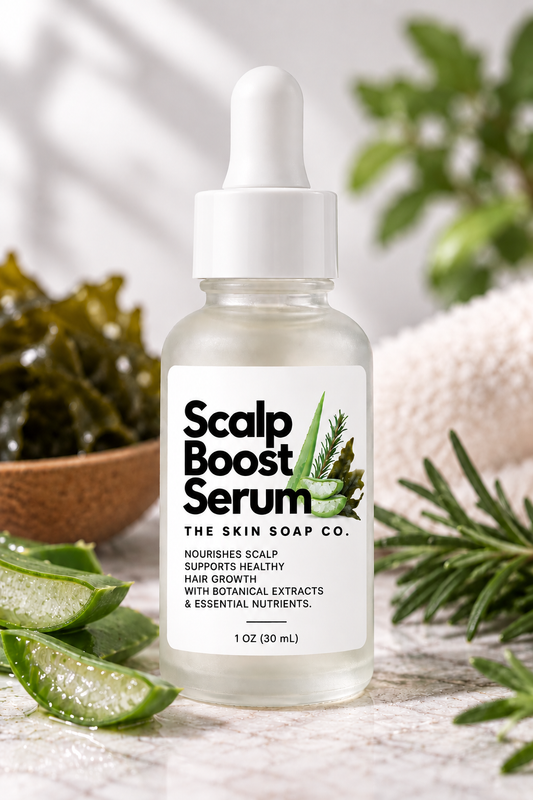 A 1 oz bottle of Scalp Boost Serum by The Skin Soap Co. with a white dropper cap, set on a light stone surface with aloe vera slices, rosemary sprigs, and a towel in the background.
